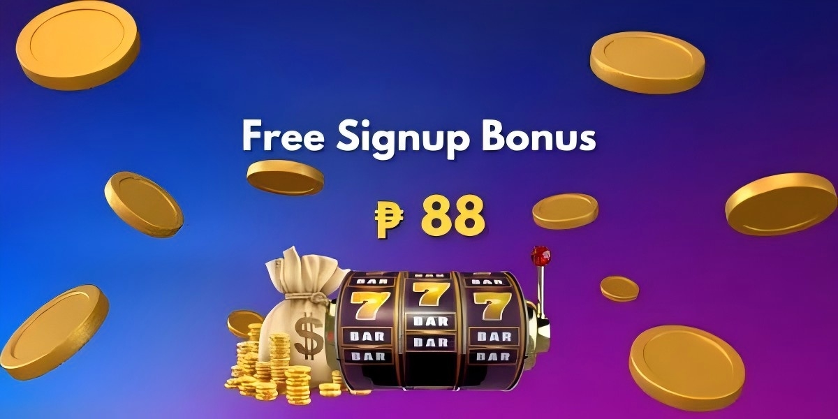 Free signup bonus banner showing an 88 peso prize with a lucky 777 slot machine, a money bag and gold coins